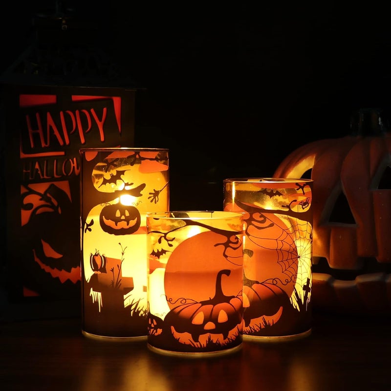 Eldnacele Halloween Flameless Candles with Remote Pumpkin, Spider Web Decal and Castle Decals Battery Operated Real Wax Flickering Glass Pillar Candle for Spooky Halloween Decor 3 Pack - Image 4