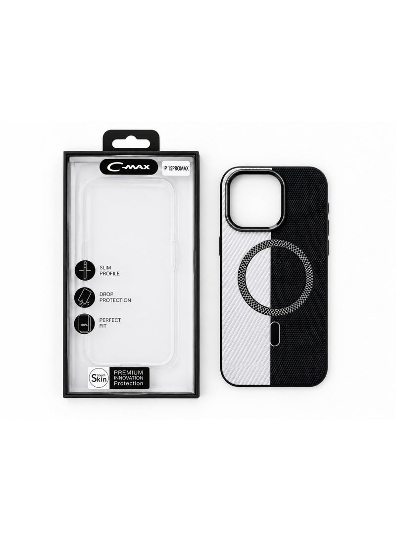 Cmax Premium Black & White Carbon Texture MagSafe Protective Case with Raised Camera Guard for iPhone 15 Pro Max - Image 5