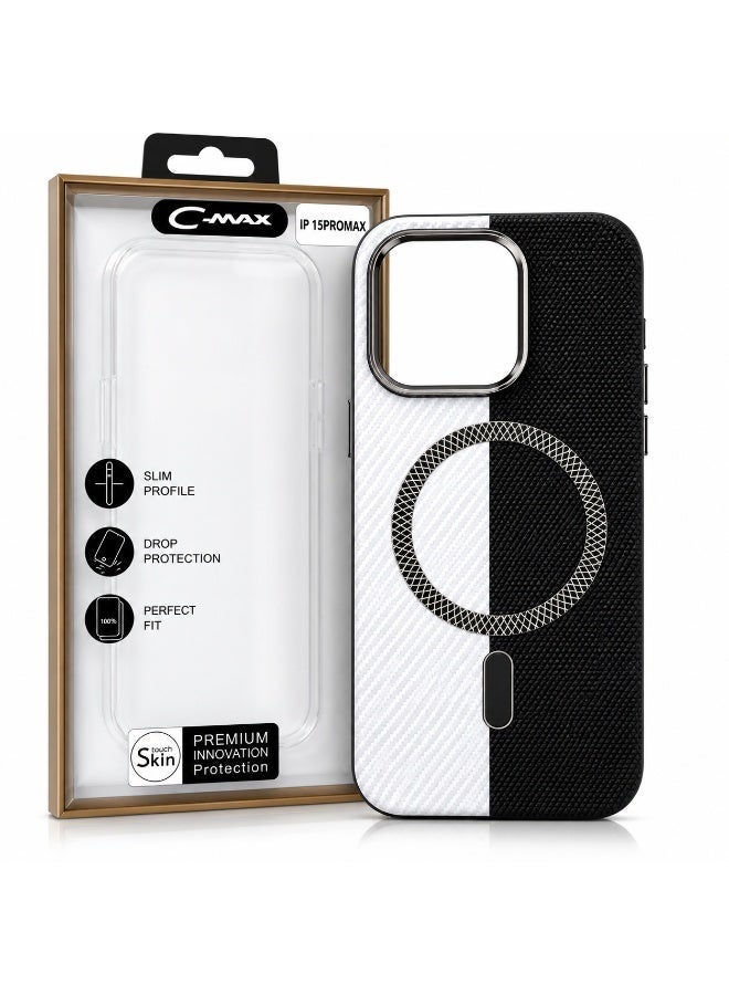 Cmax Premium Black & White Carbon Texture MagSafe Protective Case with Raised Camera Guard for iPhone 15 Pro Max - Image 1