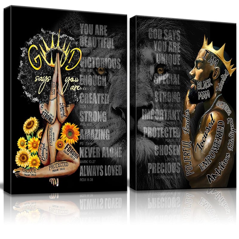 NCYEL African Black King Queen Framed Canvas Wall Art for African American Man Girls Women Lions Couples Wall Decor Photos Posters Artwork for Living Room Bedroom Bathroom Home Decor - Image 1