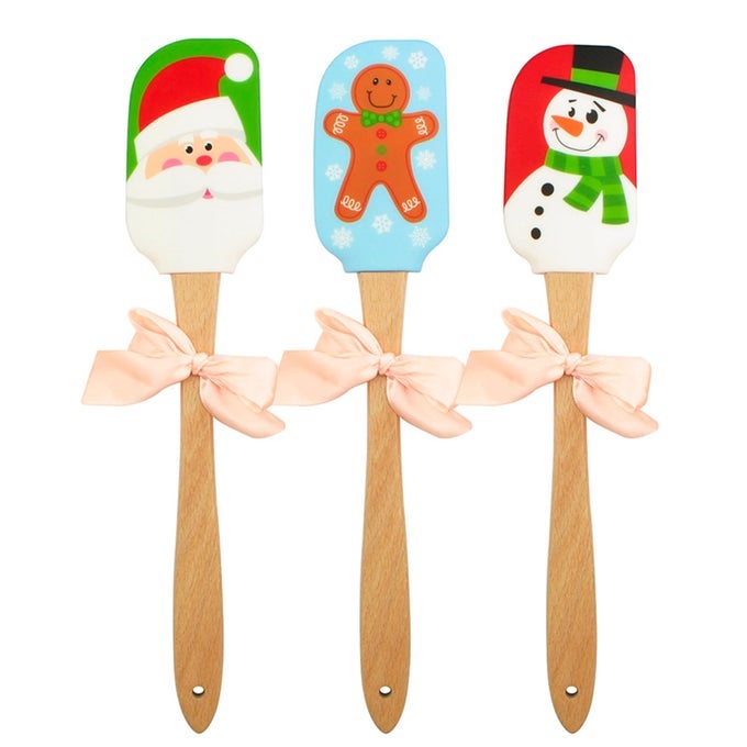 SILICONE SPATULA 3 PIECES KITCHEN SILICONE SPATULA SET CHRISTMAS CAKE DECORATING SPATULA WITH WOODEN HANDLE SNOWMAN GINGERBREAD MAN AND SANTA CLAUS PATTERN SNOWMAN