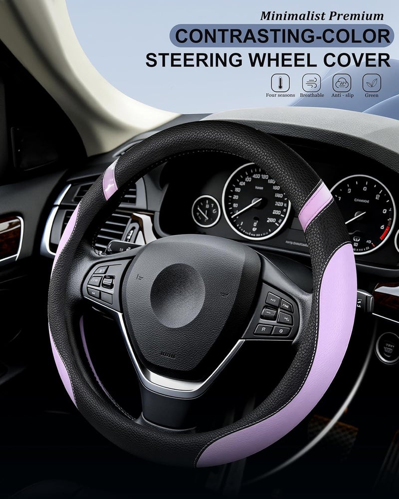 Cxtiy Universal Leather Steering Wheel Cover for Women Steering Wheel Cover for Car 15 inch (Lilac Color) - Image 3
