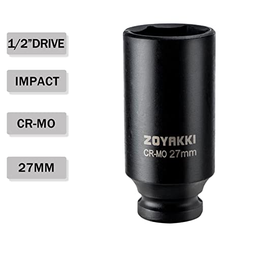 ZOYAKKI زوياكي 1/2" درايف × 27 مم عمق 6 PT تأثير صمولة، CR-MO، 1/2 بوصة درايف 6 نقطة صمولة محور لإزالة سهلة لصواميل محور العمود (27 مم) - Image 3