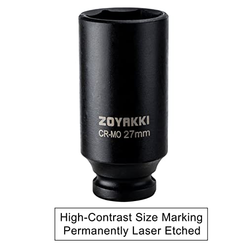 ZOYAKKI زوياكي 1/2" درايف × 27 مم عمق 6 PT تأثير صمولة، CR-MO، 1/2 بوصة درايف 6 نقطة صمولة محور لإزالة سهلة لصواميل محور العمود (27 مم) - Image 5