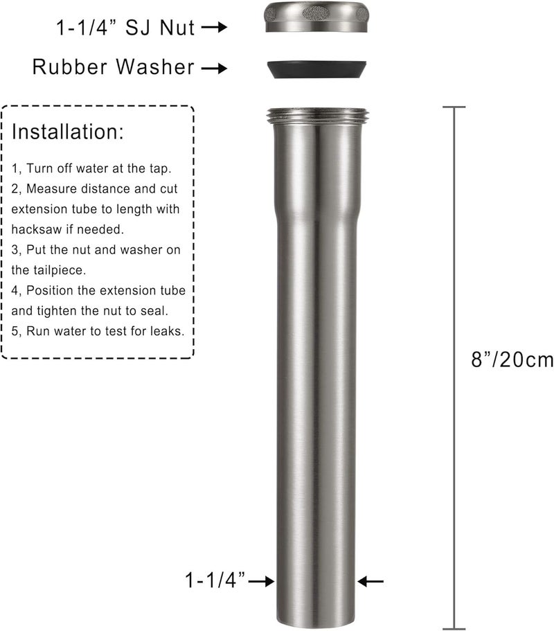Fipoque 18 Gauge Brass Slip Joint Extension Tube 1-1/4” OD x 8” with Nut and Rubber Washer, P Trap Extension Tube, Sink Drain Tailpiece Tube Extension Heavy Duty, Brushed Nickel - Image 4