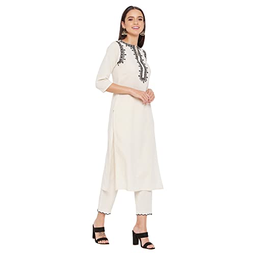 WineRed Women Off-White cotton Embroidered Kurta and Pant Set - Image 5