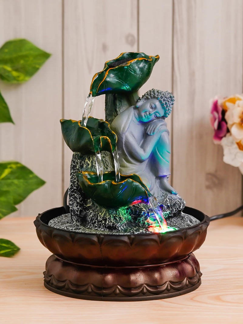 CHRONIKLE Green Polyresin Table Top Relaxing Buddha 3 Step Indoor Waterfall Fountain for Home Decor with LED, Speed ​​Control Pump (Size: 17.7 x 17.7 x 25.5 CM | Weight: 800 Gram) - Image 1