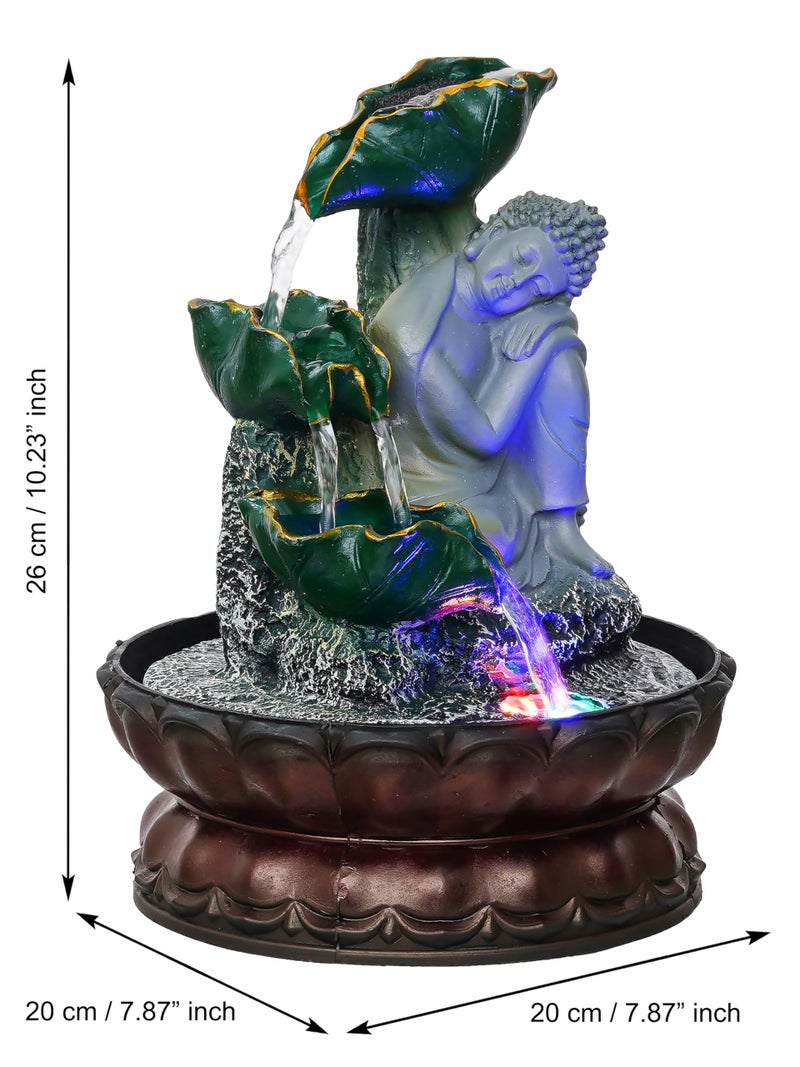 CHRONIKLE Green Polyresin Table Top Relaxing Buddha 3 Step Indoor Waterfall Fountain for Home Decor with LED, Speed ​​Control Pump (Size: 17.7 x 17.7 x 25.5 CM | Weight: 800 Gram) - Image 2