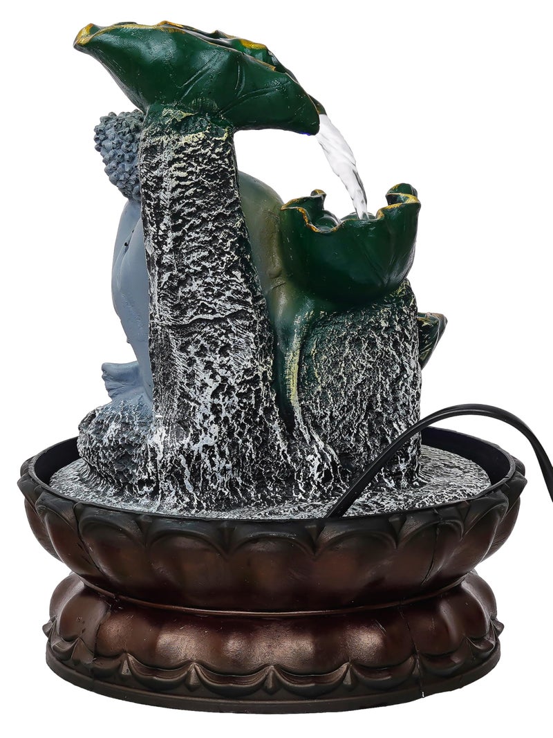 CHRONIKLE Green Polyresin Table Top Relaxing Buddha 3 Step Indoor Waterfall Fountain for Home Decor with LED, Speed ​​Control Pump (Size: 17.7 x 17.7 x 25.5 CM | Weight: 800 Gram) - Image 3