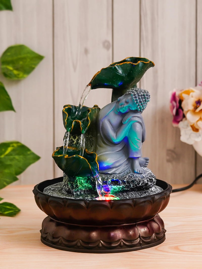 CHRONIKLE Green Polyresin Table Top Relaxing Buddha 3 Step Indoor Waterfall Fountain for Home Decor with LED, Speed ​​Control Pump (Size: 17.7 x 17.7 x 25.5 CM | Weight: 800 Gram) - Image 4
