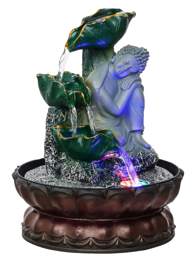 CHRONIKLE Green Polyresin Table Top Relaxing Buddha 3 Step Indoor Waterfall Fountain for Home Decor with LED, Speed ​​Control Pump (Size: 17.7 x 17.7 x 25.5 CM | Weight: 800 Gram) - Image 5
