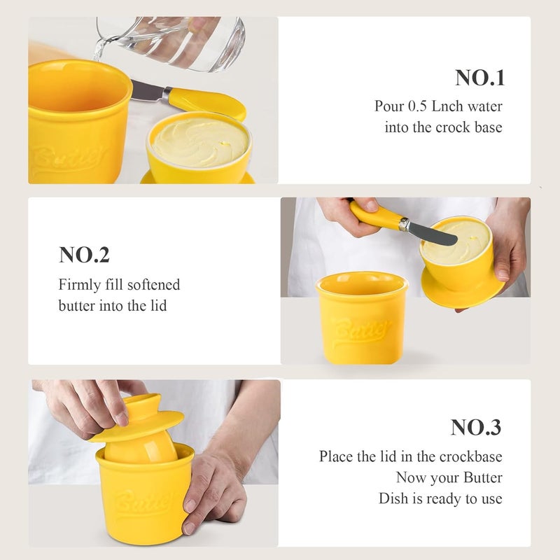 MSJGA Ceramic Butter Crock with Lid & Spreader Knife, Butter Keeper - Ideal Butter Storage & Countertop Butter Dish, Yellow - Image 5