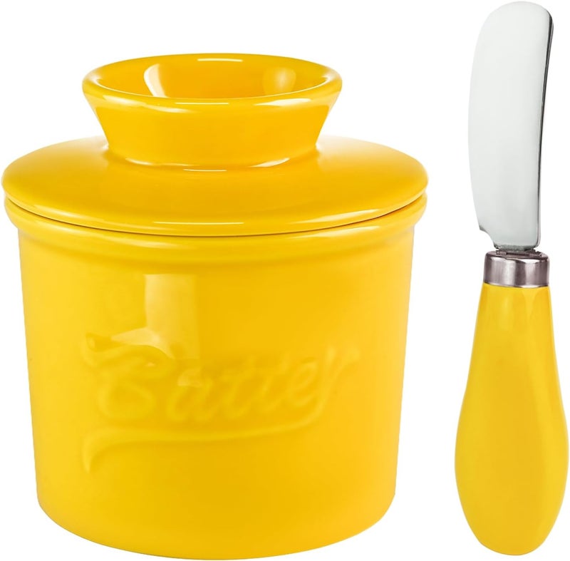 MSJGA Ceramic Butter Crock with Lid & Spreader Knife, Butter Keeper - Ideal Butter Storage & Countertop Butter Dish, Yellow - Image 1