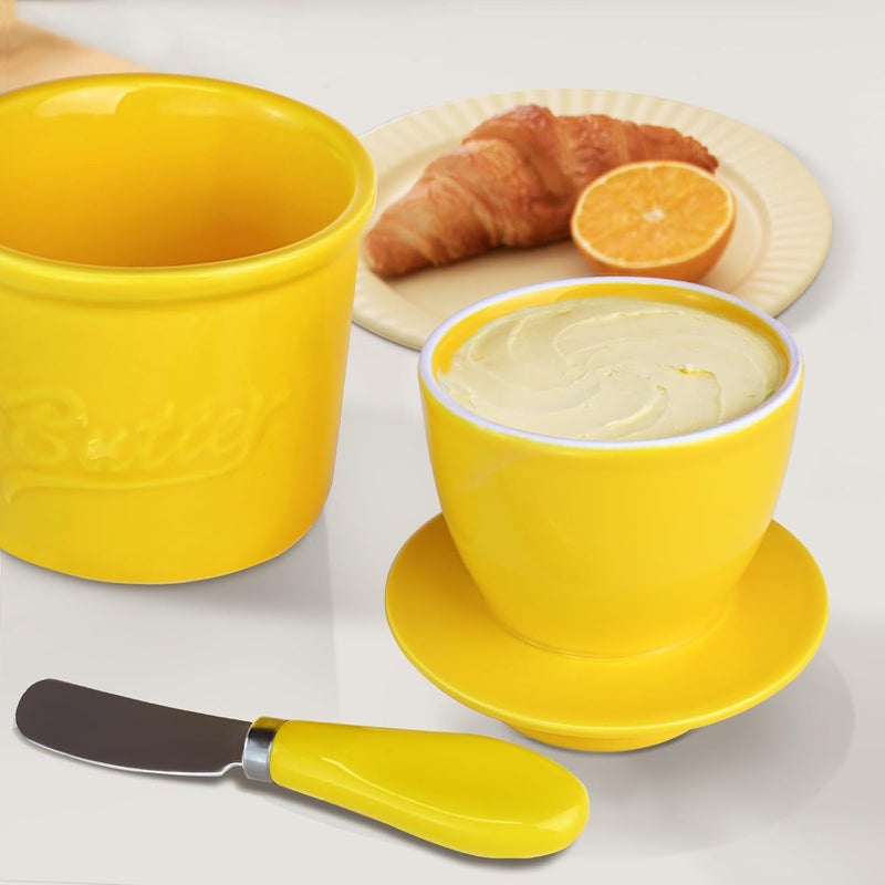 MSJGA Ceramic Butter Crock with Lid & Spreader Knife, Butter Keeper - Ideal Butter Storage & Countertop Butter Dish, Yellow - Image 2