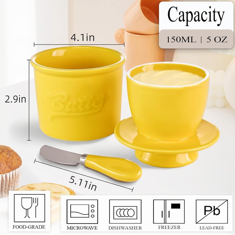 MSJGA Ceramic Butter Crock with Lid & Spreader Knife, Butter Keeper - Ideal Butter Storage & Countertop Butter Dish, Yellow - Image 4