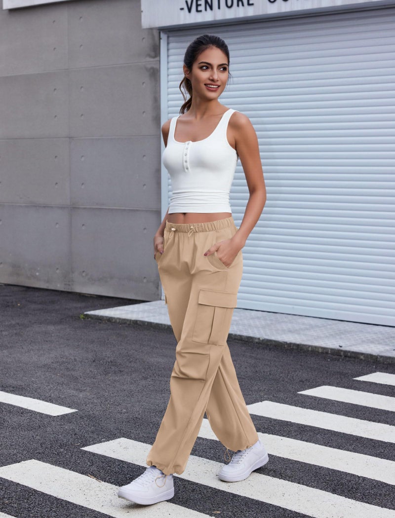 COPYLEAF Cargo Pants Women Elastic Waisted Parachute Hiking Pants with Pockets Water Resistant Lightweight Baggy Pants(Light Khaki S) - Image 4