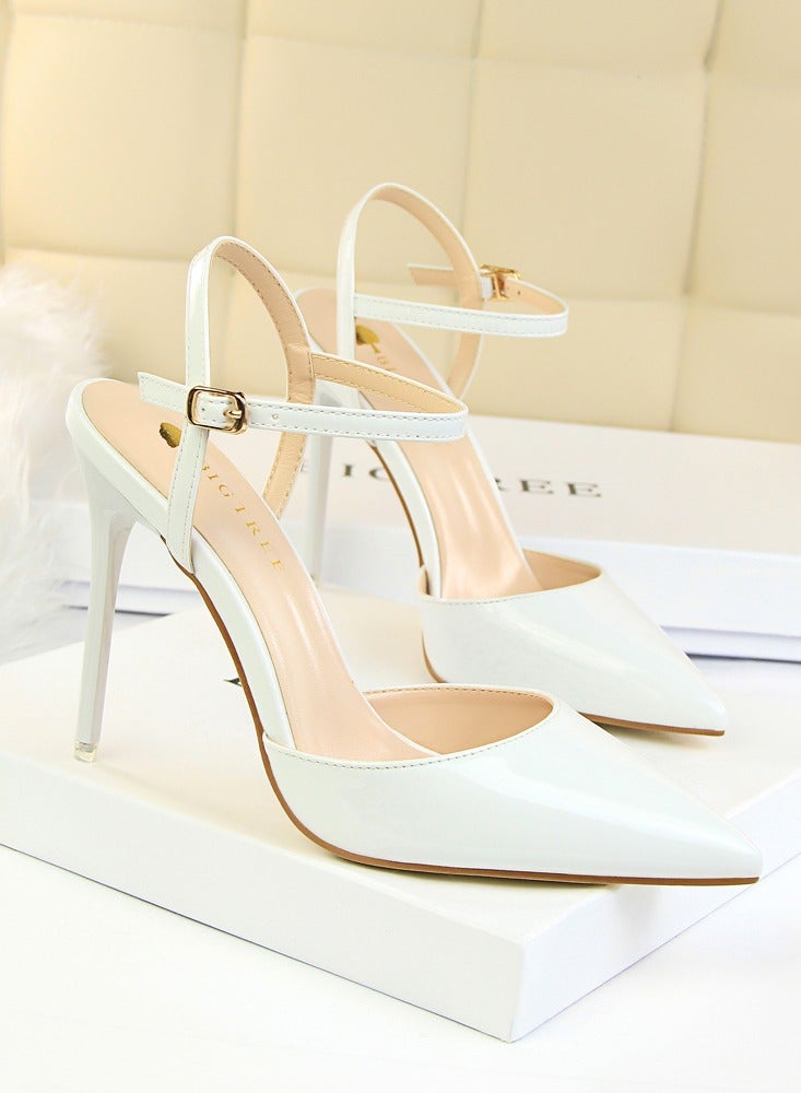 BIGTREE Women's Closed Pointed Toe 10.5 CM High Heels With Adjustable Ankle Strap Sandals Shoes Stiletto Pumps White - Image 2