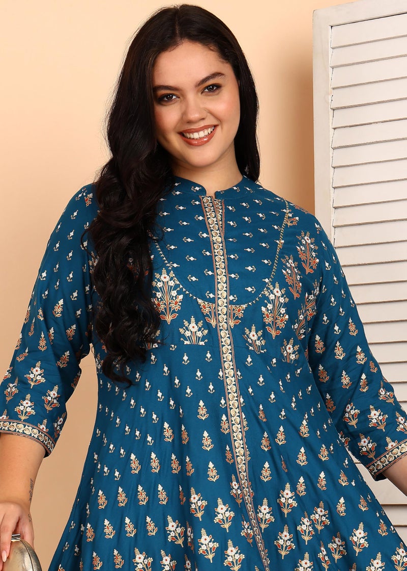Yash Gallery Women’s Printed Anarkali Kurta | Teal Flared Kurti with Mandarin Collar, Front Button Placket & 3/4 Sleeves|Calf-Length Festive, Office & Casual Wear - Image 5