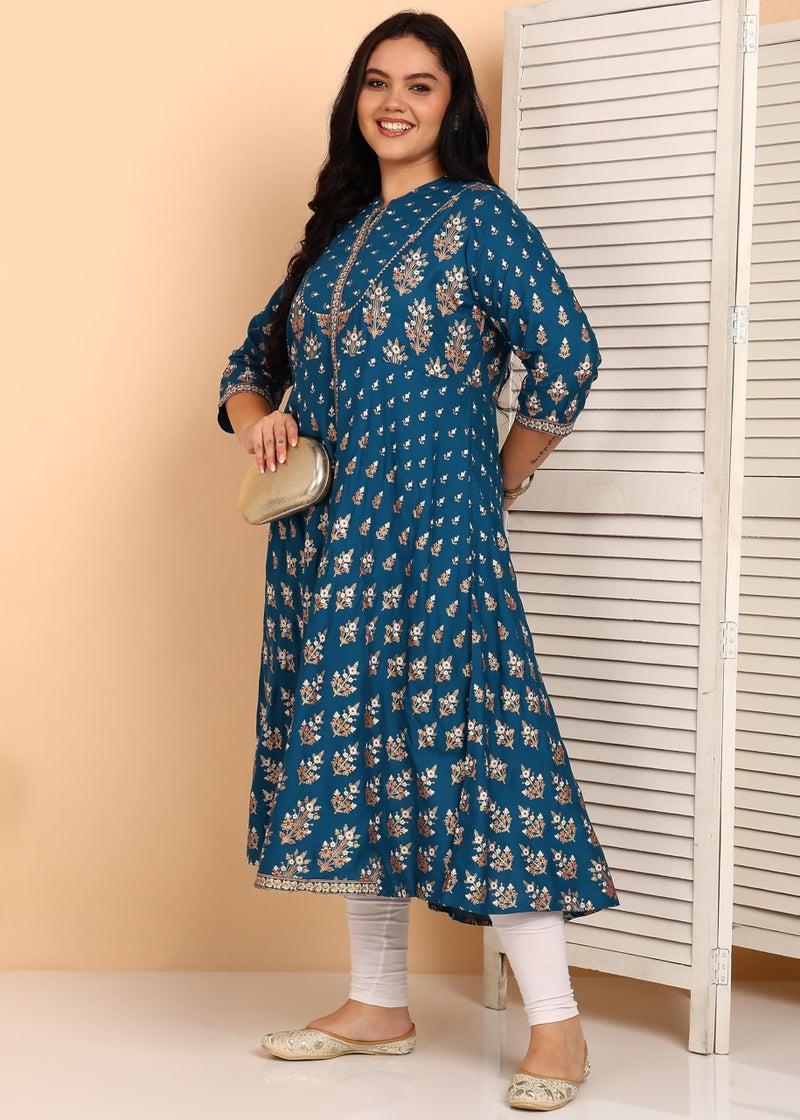 Yash Gallery Women’s Printed Anarkali Kurta | Teal Flared Kurti with Mandarin Collar, Front Button Placket & 3/4 Sleeves|Calf-Length Festive, Office & Casual Wear - Image 3