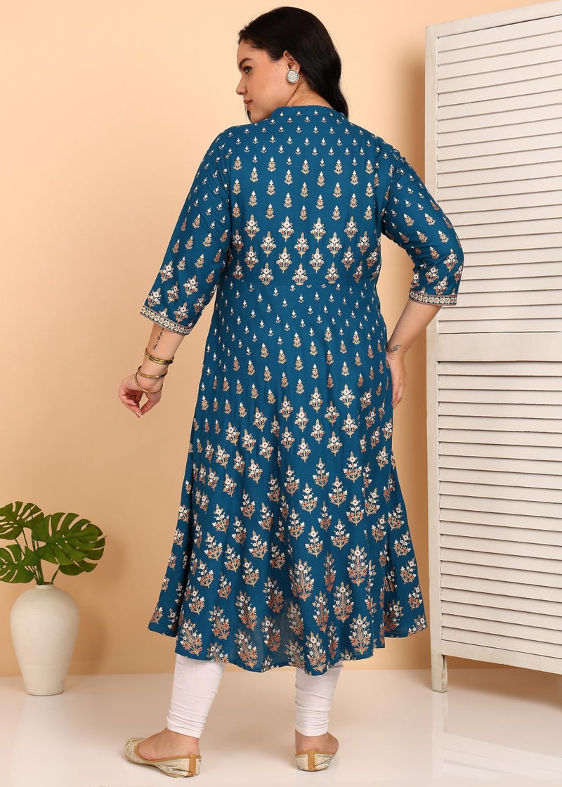 Yash Gallery Women’s Printed Anarkali Kurta | Teal Flared Kurti with Mandarin Collar, Front Button Placket & 3/4 Sleeves|Calf-Length Festive, Office & Casual Wear - Image 4