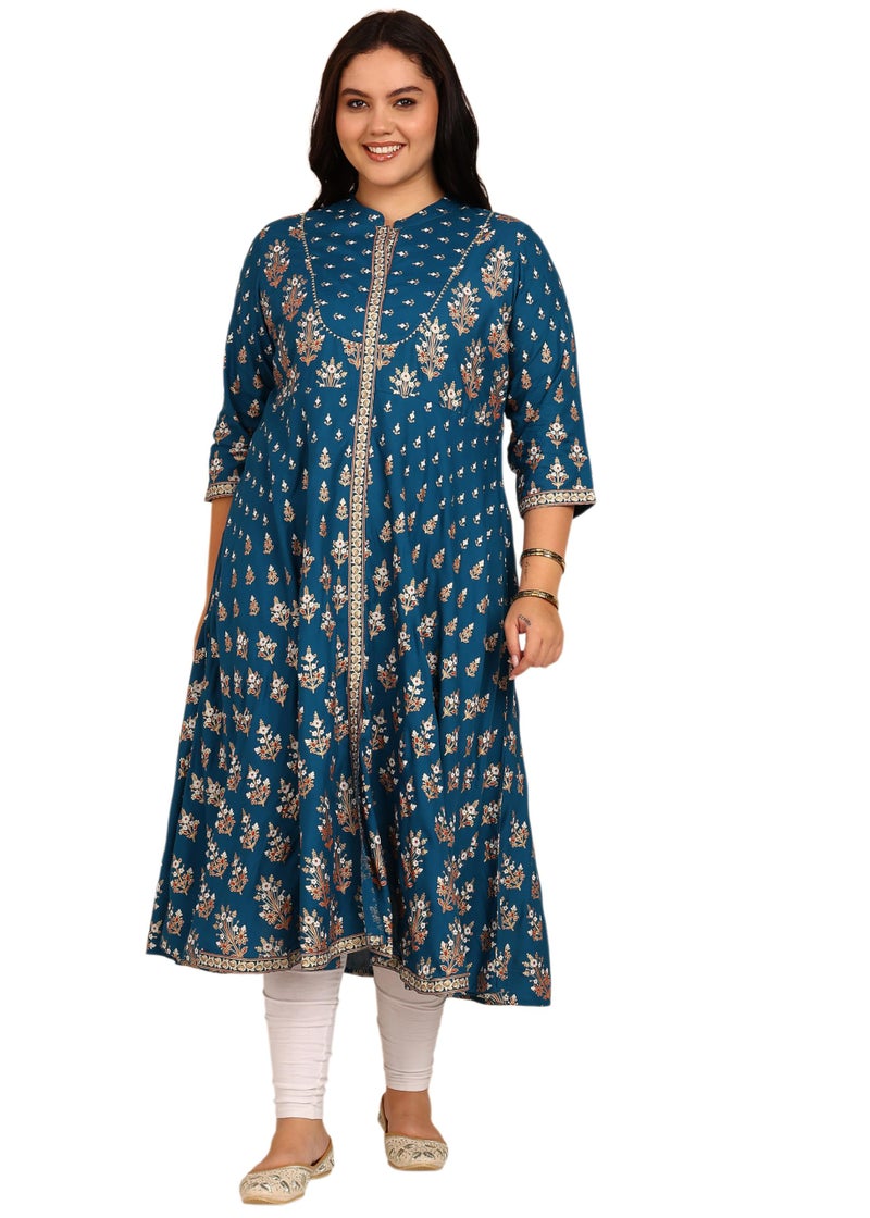 Yash Gallery Women’s Printed Anarkali Kurta | Teal Flared Kurti with Mandarin Collar, Front Button Placket & 3/4 Sleeves|Calf-Length Festive, Office & Casual Wear - Image 1