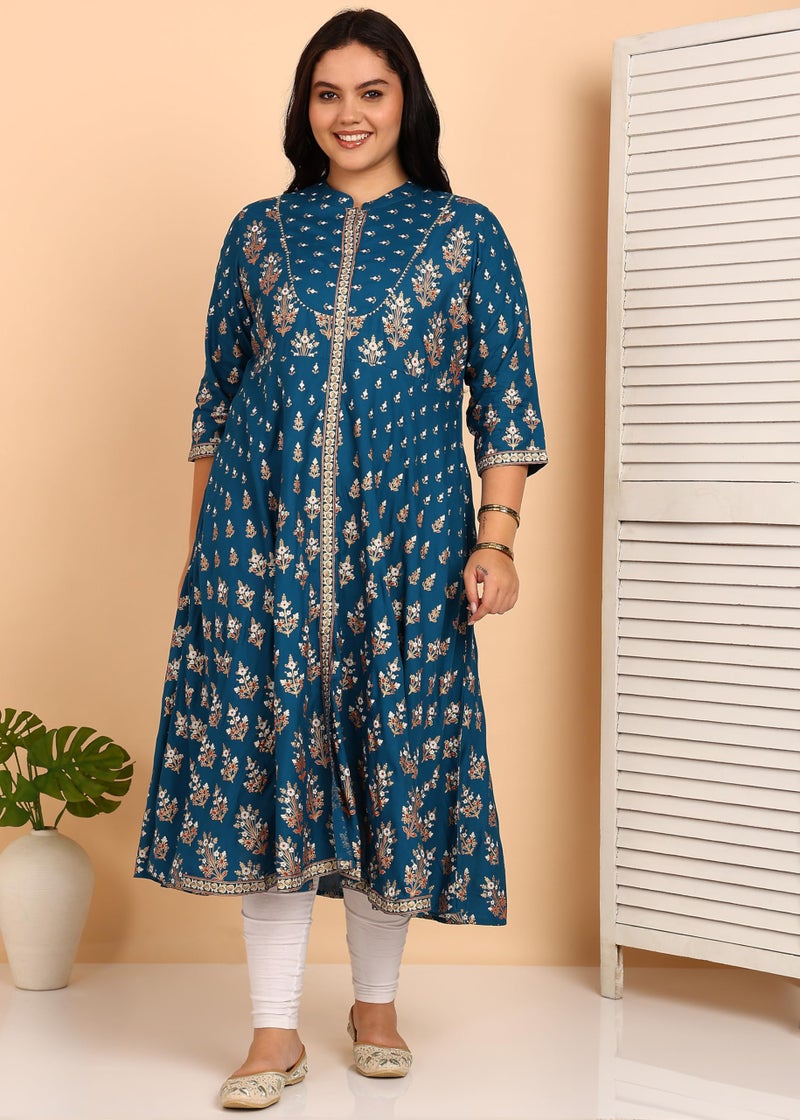 Yash Gallery Women’s Printed Anarkali Kurta | Teal Flared Kurti with Mandarin Collar, Front Button Placket & 3/4 Sleeves|Calf-Length Festive, Office & Casual Wear - Image 2