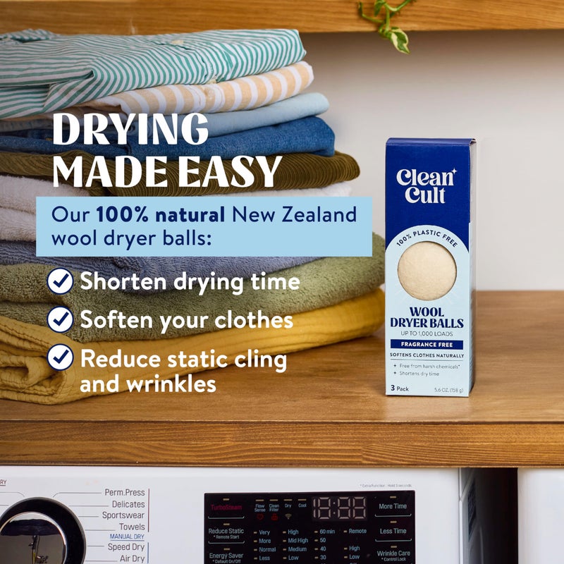 Cleancult Wool Dryer Balls (3 Count) - Made from 100% New Zealand Wool - Biodegradable Dryer Balls - Shorten Dry Times, Soften Clothes, and Stop Static Cling - Lasts up to 1000 Loads - Image 3