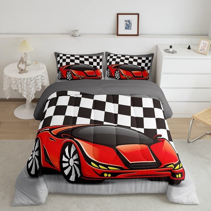 RACING CAR COMFORTER SET COOL SPEED RACE CAR DOWN COMFORTER TWIN SIZE FOR KIDS BOYS GIRLS TEENS BEDROOM AUTOMOBILE EXTREME SPORT QUILTED DUVET GRID BUFFALO DUVET INSERT WITH 1 PILLOW CASES