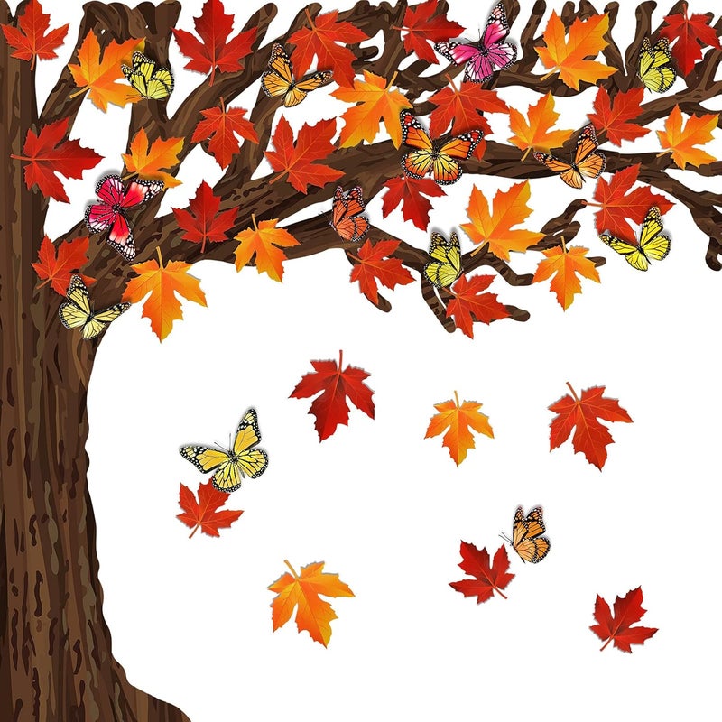 comfrt 60 Pieces Big Tree Bulletin Board Set with Leaves and Butterflies, Woodland Whimsy Decor 70 x 55 Inch with 180 Pieces Removable Glue Point Dots for Classroom Decoration (Red and Yellow Leaves) - Image 1