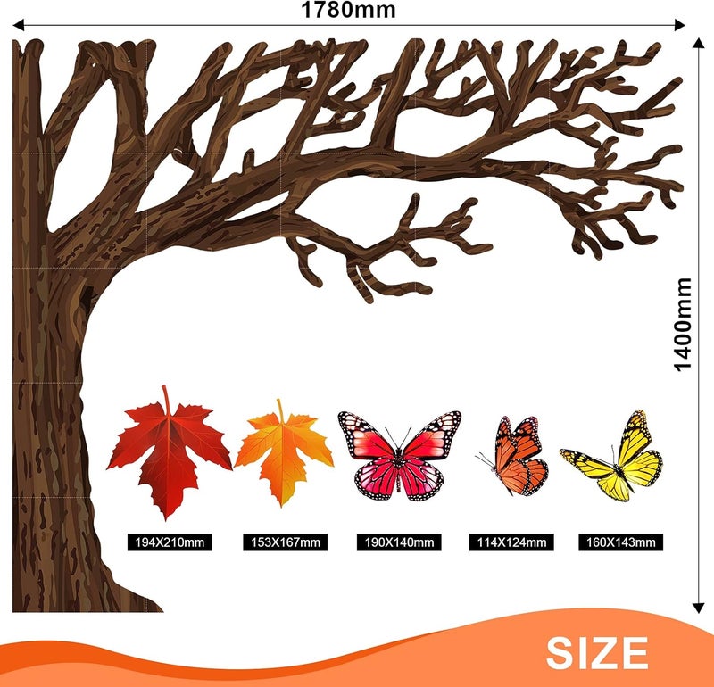 comfrt 60 Pieces Big Tree Bulletin Board Set with Leaves and Butterflies, Woodland Whimsy Decor 70 x 55 Inch with 180 Pieces Removable Glue Point Dots for Classroom Decoration (Red and Yellow Leaves) - Image 2