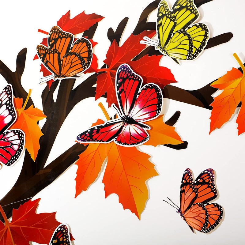comfrt 60 Pieces Big Tree Bulletin Board Set with Leaves and Butterflies, Woodland Whimsy Decor 70 x 55 Inch with 180 Pieces Removable Glue Point Dots for Classroom Decoration (Red and Yellow Leaves) - Image 3