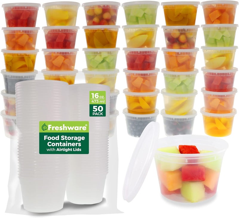 Freshware Food Storage Containers [50 Set] 16 oz Plastic Deli Containers with Lids, Slime, Soup, Meal Prep Containers | BPA Free | Stackable | Leakproof | Microwave/Dishwasher/Freezer Safe - Image 1