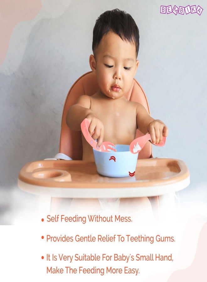 Bembika Baby Training Spoon Curved Spoon, Baby Silicone Training Spoon for Baby, Baby Spoon and Fork Set, Baby Spoon Feeding (Coral). - Image 5