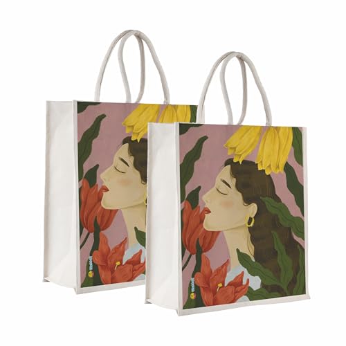 Sangra Canvas Reusable Bags for School, College, Lunch Bag for Office for Men and Women, Grocery Shopping Bag, Multi-Purpose Bag, Sturdy Handle With Zipper Lock (Pack of Two) (Lady) - Image 1