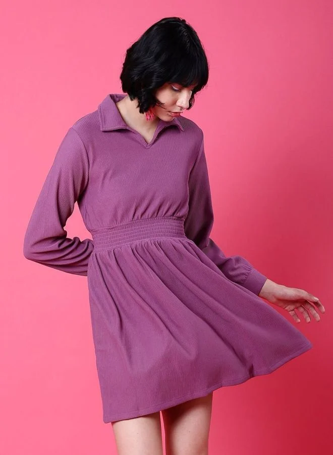 Women Fit and Flared Solid V-Neck Long Sleeve Dress