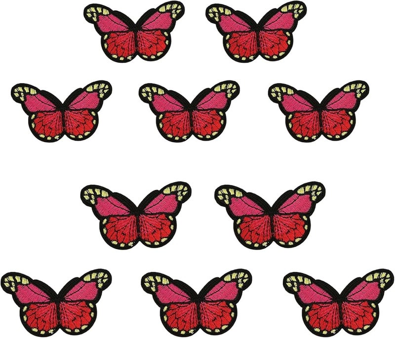 فراشات حمراء زاهية لاصقة من الحديد 10 قطع تطريز تطبيق على الملابس والسترات والجينز - Image 1