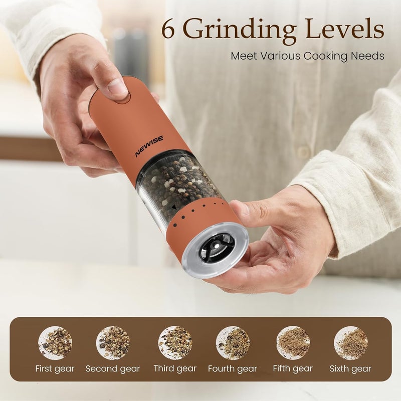 Newise Electric Salt and Pepper Grinder Set Rechargeable with LED Lights, Automatic Pepper & Salt Mill, Adjustable Coarseness, Large Capacity, Brown - Image 2