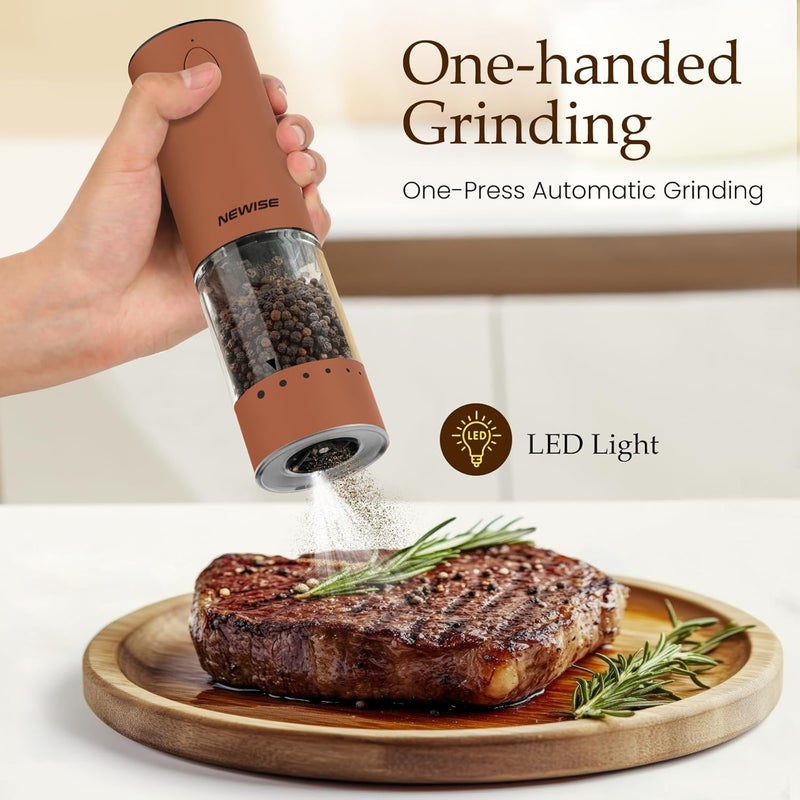 Newise Electric Salt and Pepper Grinder Set Rechargeable with LED Lights, Automatic Pepper & Salt Mill, Adjustable Coarseness, Large Capacity, Brown - Image 3