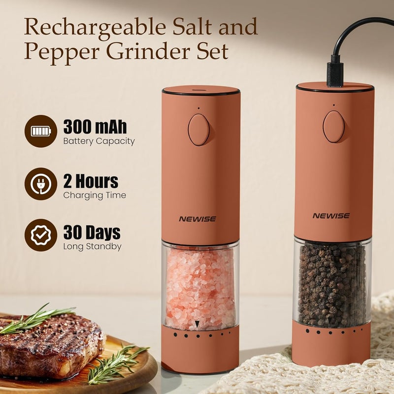 Newise Electric Salt and Pepper Grinder Set Rechargeable with LED Lights, Automatic Pepper & Salt Mill, Adjustable Coarseness, Large Capacity, Brown - Image 4