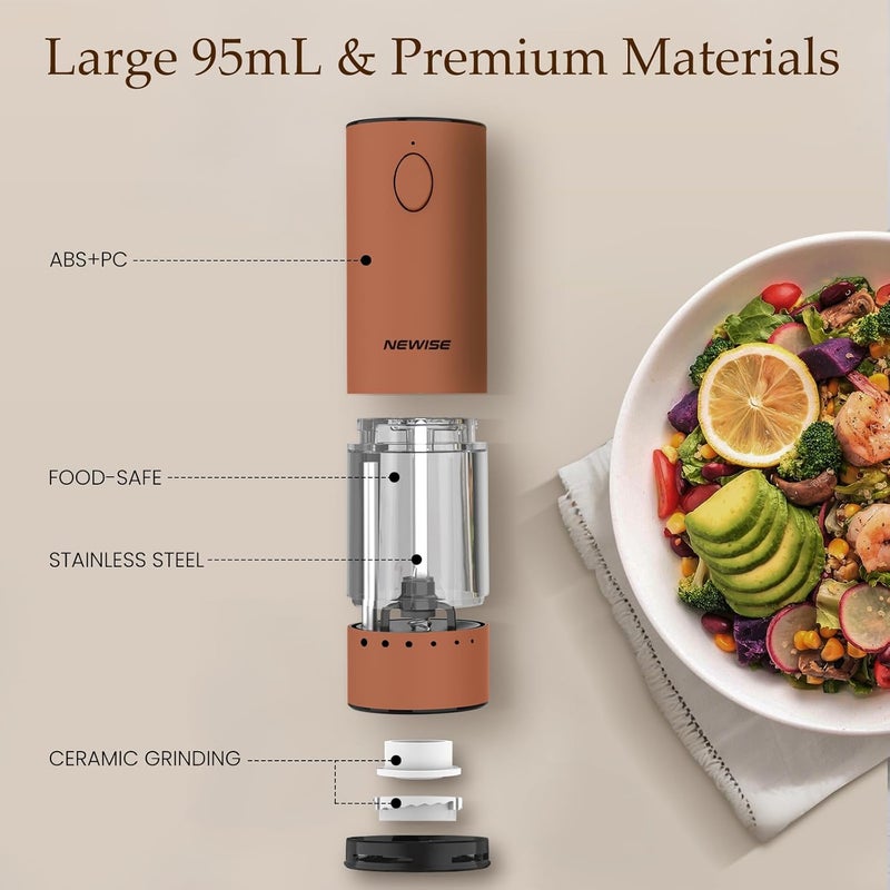 Newise Electric Salt and Pepper Grinder Set Rechargeable with LED Lights, Automatic Pepper & Salt Mill, Adjustable Coarseness, Large Capacity, Brown - Image 5