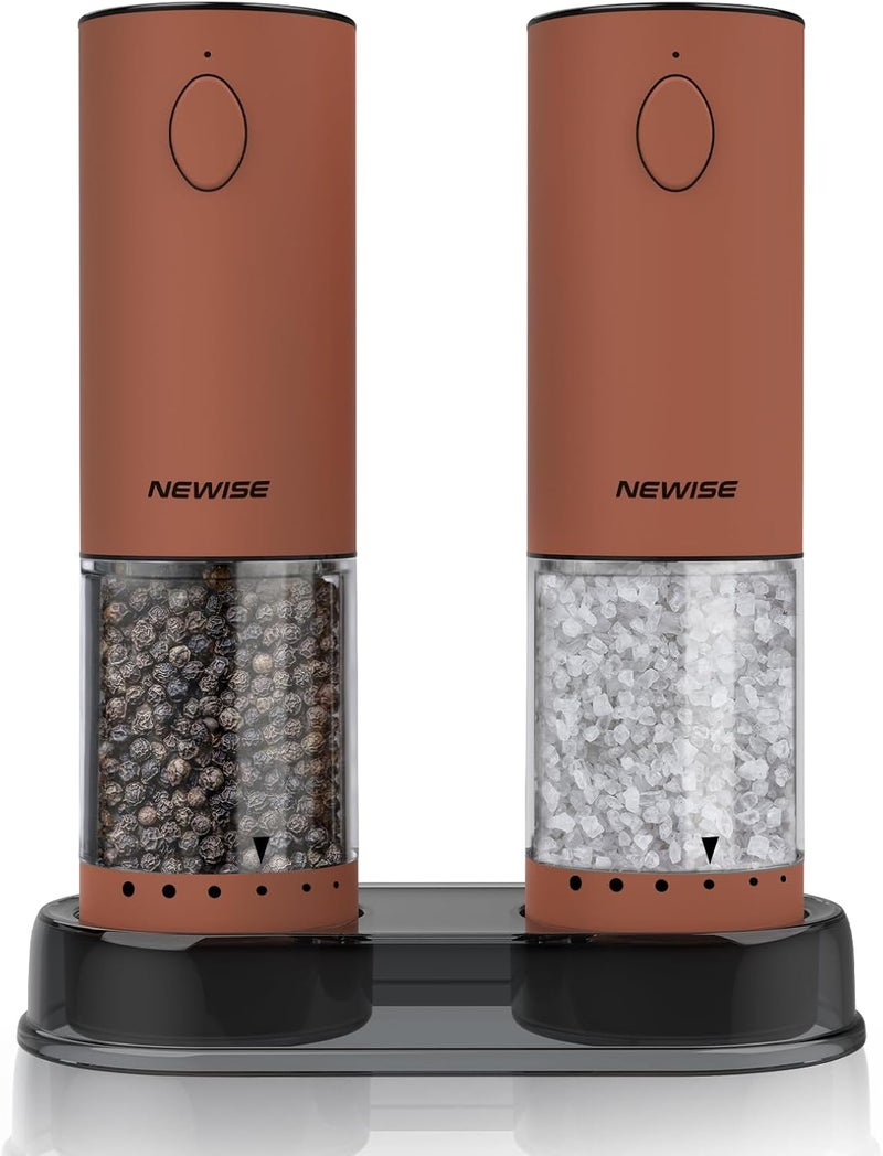 Newise Electric Salt and Pepper Grinder Set Rechargeable with LED Lights, Automatic Pepper & Salt Mill, Adjustable Coarseness, Large Capacity, Brown - Image 1