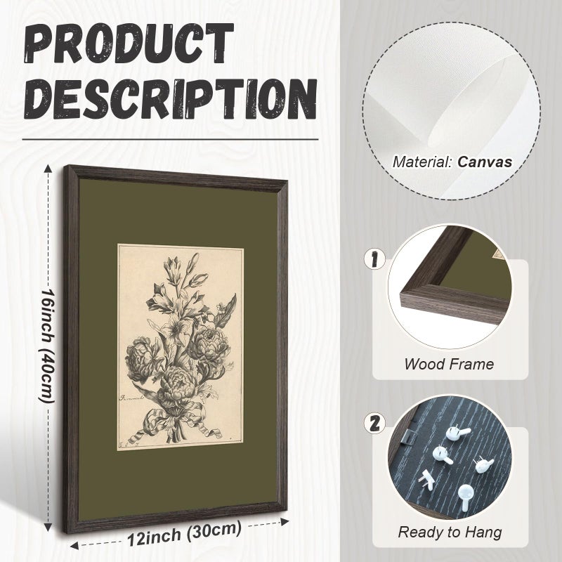 Tanmart Flower Sketch Wall Art Sage Green Floral Canvas Poster Vintage Botanical Wall Decor Peony Prints Dark Green Pictures Antique Floral Drawing Painting for Bedroom Living Room 12x16x2 Inch Wood Framed - Image 2
