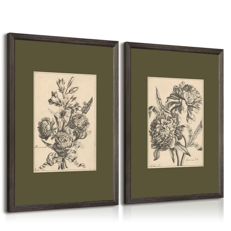 Tanmart Flower Sketch Wall Art Sage Green Floral Canvas Poster Vintage Botanical Wall Decor Peony Prints Dark Green Pictures Antique Floral Drawing Painting for Bedroom Living Room 12x16x2 Inch Wood Framed - Image 1