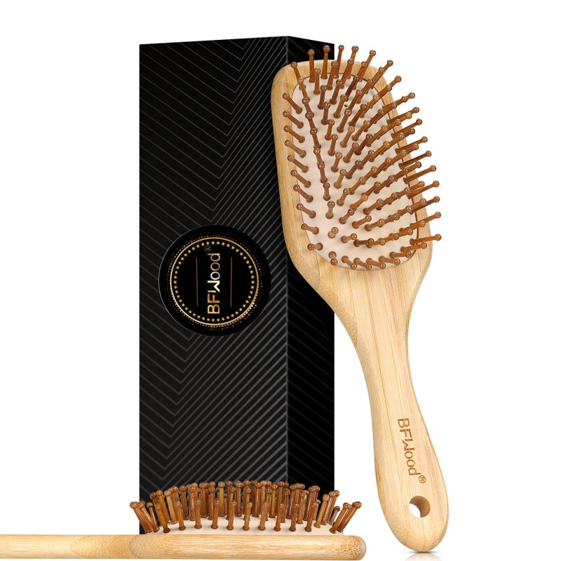 BFWood Bamboo Hair Brush with Paddle, Rounded Wood Bristles for Detangling and Gently Massaging Scalp by BFWood, Reduces Frizz and Static - Image 1