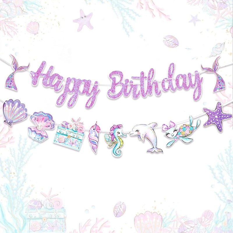 مانجو حورية البحر عيد ميلاد راية البحر عيد ميلاد حفلة زينة المحيط تحت عنوان المحيط ديكور الحفلات مع قذائف الحيتان المخلوقات البحرية لحفلات الشاطئ مجموعة كاملة من زينة حورية البحر للفتيات الأرجواني - Image 1