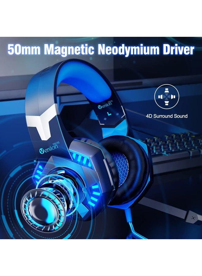 VersionTECH G2000 Stereo Gaming Headset for Xbox One PS4 PC, Surround Sound Over-Ear Headphones with Noise Cancelling Mic, LED Lights, Volume Control for Laptop, Mac, PS3, Nintendo Switch Games -Blue - Image 3