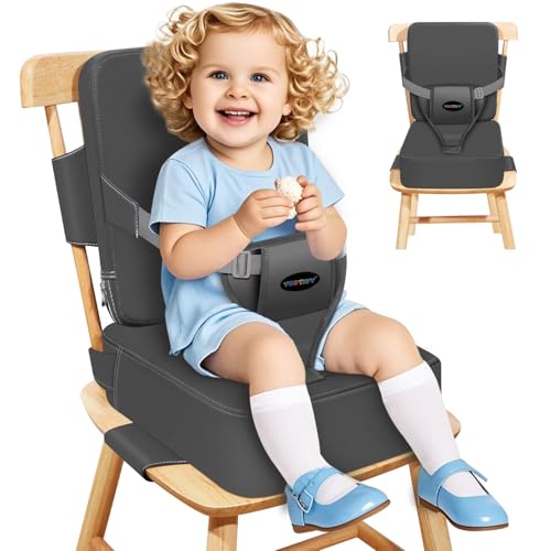 YONTINY Toddler Booster Seat for Kitchen Chair with Removable Backrest Adjustable Straps PU Portable Waterproof NonSlip Booster Seat for Dining Table Travel Child Eating Cushion Dark Grey - Image 1