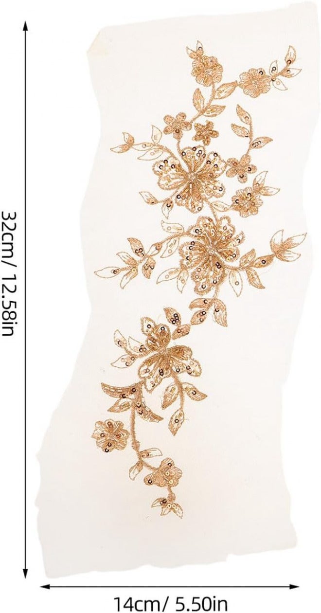 Uonlytech Golden Beaded Floral Lace Applique Patch Pair for DIY Clothing Embroidery Repair, Sequin Embroidered Flower Trim for Sewing Craft and Fashion Decoration - Image 2