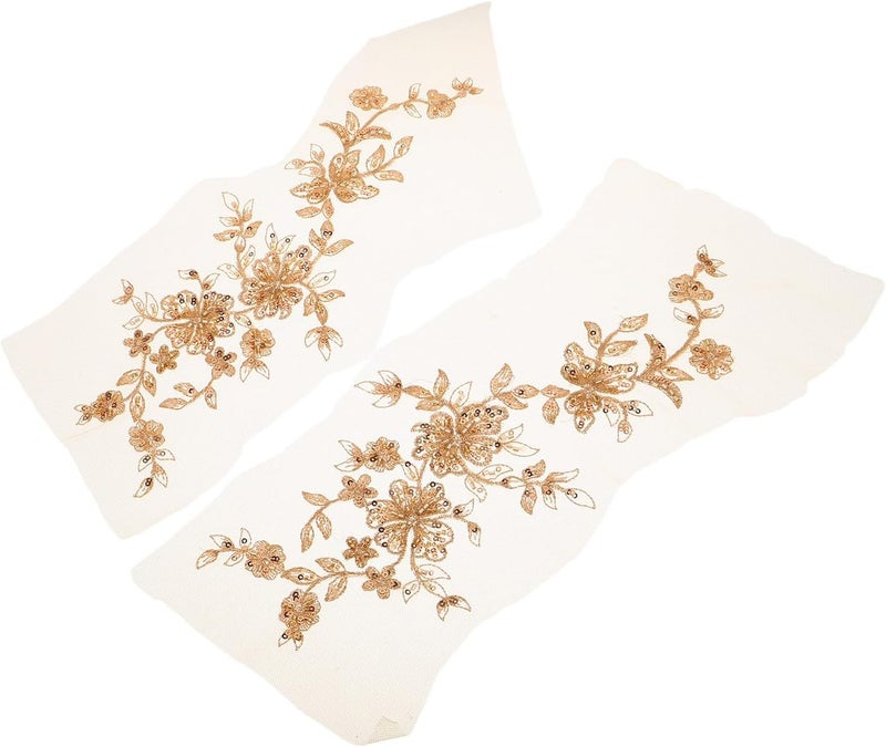 Uonlytech Golden Beaded Floral Lace Applique Patch Pair for DIY Clothing Embroidery Repair, Sequin Embroidered Flower Trim for Sewing Craft and Fashion Decoration - Image 1