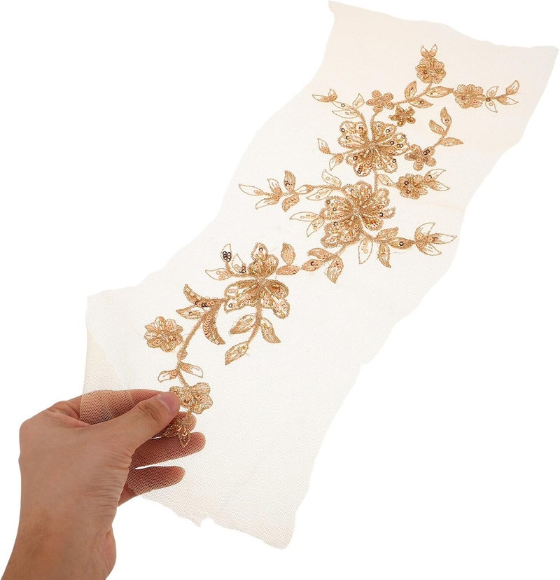 Uonlytech Golden Beaded Floral Lace Applique Patch Pair for DIY Clothing Embroidery Repair, Sequin Embroidered Flower Trim for Sewing Craft and Fashion Decoration - Image 4